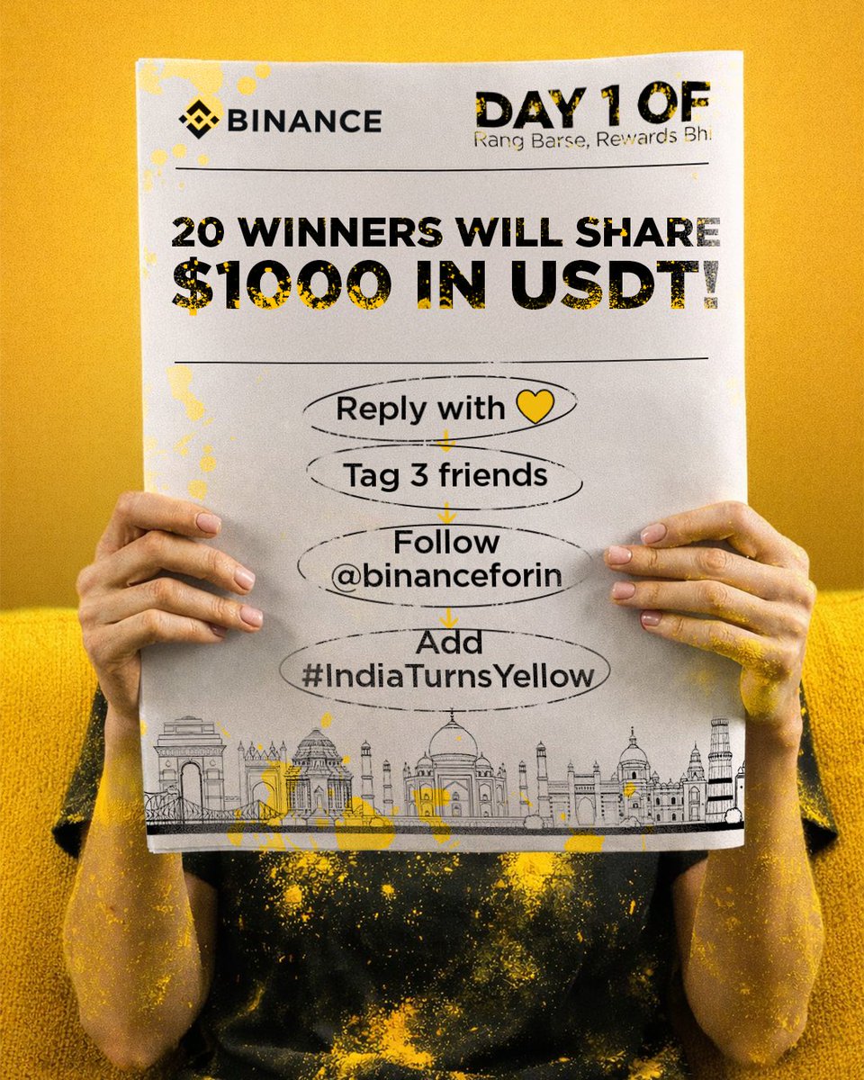 And SO IT BEGINS!
We’re officially entering the Holi Yellow Streak Challenge! 

This is your first task, and your streak starts now. 
Rang barse, rewards bhi!

- Follow @binanceforin &amp; repost this
- Drop a 💛 in the comments and use hashtag India Turns Yellow
- Tag 3 friends &amp;