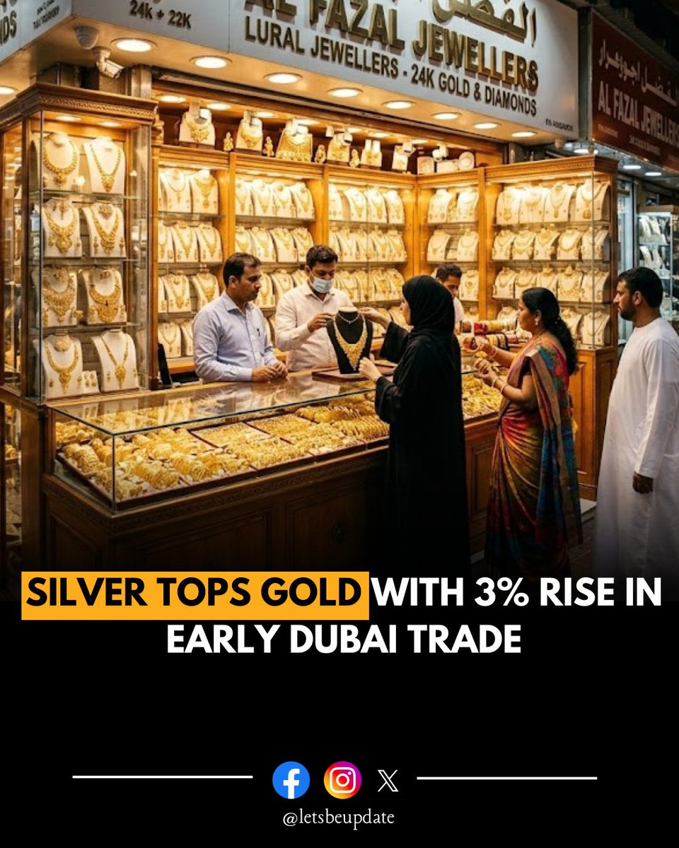 LetsBeUpdate's tweet photo. Silver prices opened strong in early Dubai trade, climbing nearly 3% and outperforming gold in percentage gains#SilverPrice
#DubaiGold
#GoldVsSilver
#UAEMarkets
#MarketUpdate https://t.co/x0M3brBO7W