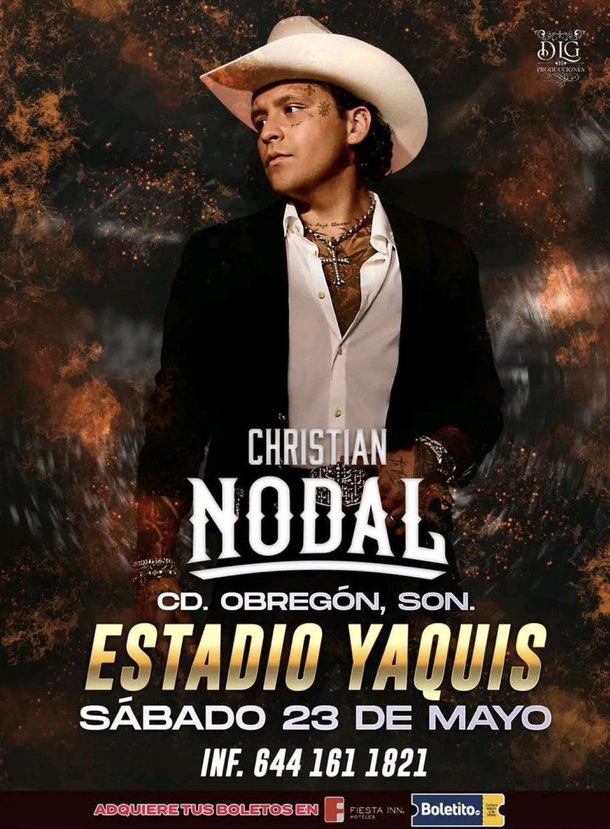 Cd. Obregon Sonora Christian Nodal llega a su cuidad este Mayo 23 venta de boletos inicia mañana Febrero 27 los puedes obtener aqui 👇👇

Boletito.com