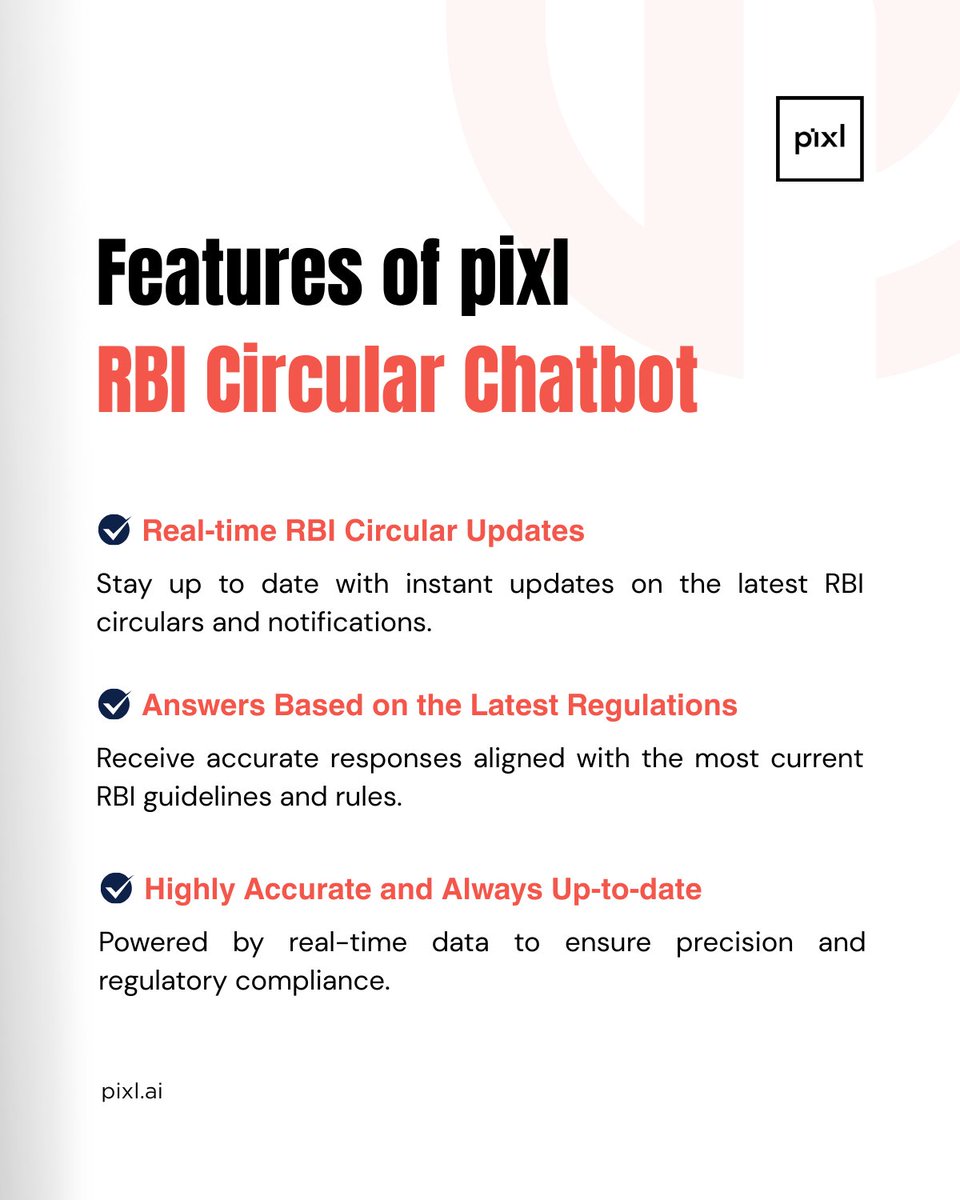pix_dynamics's tweet photo. Smarter compliance starts with smarter tools. Explore the powerful features of Pixl RBI Chatbot 

Swipe through to see how advanced search, contextual understanding, and audit-ready outputs help teams navigate RBI guidelines quickly and confidently.
#AIForBanking #ComplianceTools https://t.co/e3zI0gvasC
