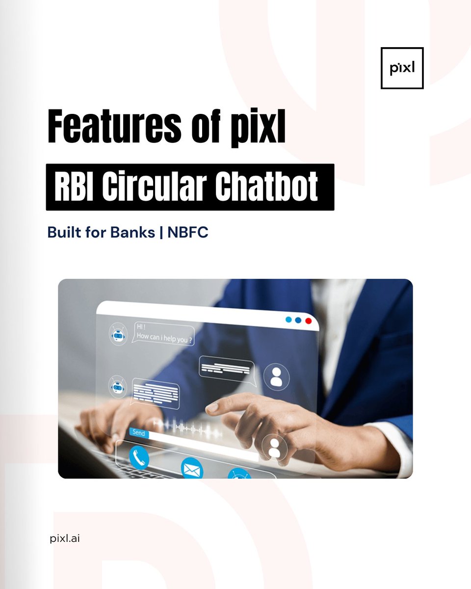 pix_dynamics's tweet photo. Smarter compliance starts with smarter tools. Explore the powerful features of Pixl RBI Chatbot 

Swipe through to see how advanced search, contextual understanding, and audit-ready outputs help teams navigate RBI guidelines quickly and confidently.
#AIForBanking #ComplianceTools https://t.co/e3zI0gvasC