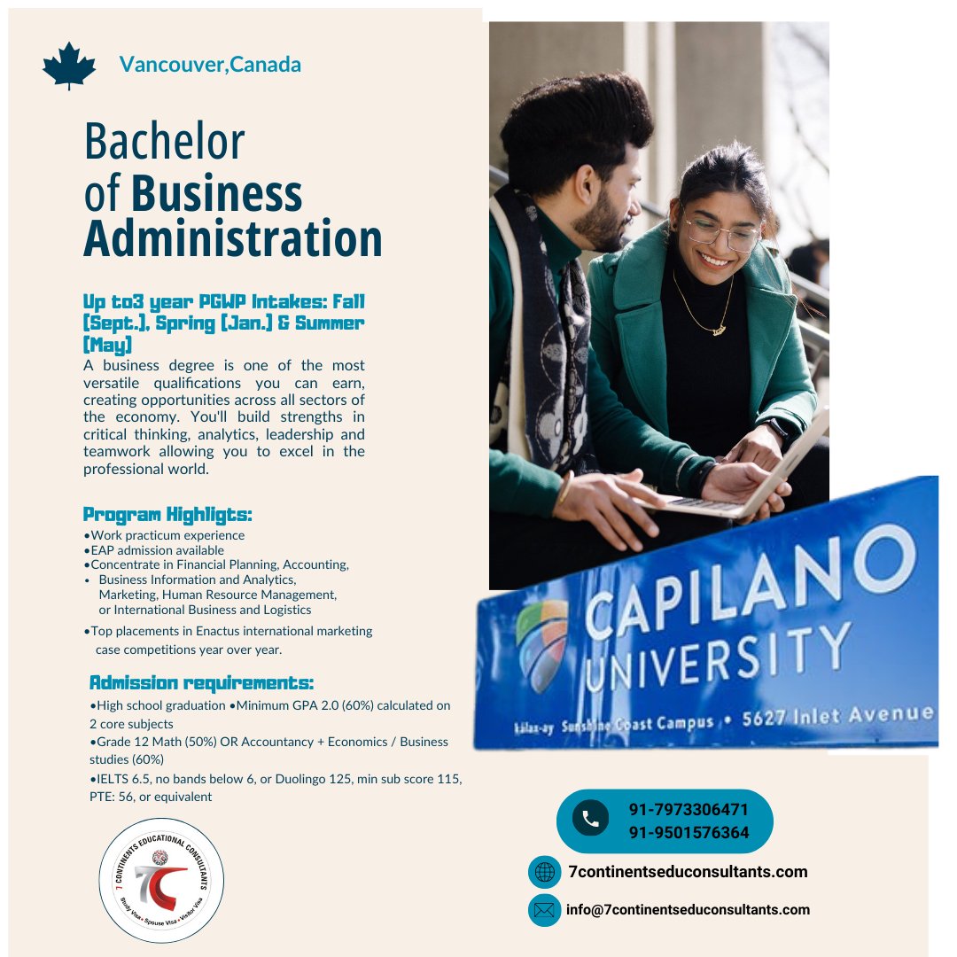 7continentsedu1's tweet photo. Study BBA in Vancouver, Canada 🇨🇦
Up to 3 years PGWP | Multiple intakes | Career-focused programApply with 7 Continents Educational Consultants
📞 +91 79733 06471 | +91 95015 76364
🌐 https://t.co/FODTxskNHy
#StudyInCanada #BBA #PGWP #CapilanoUniversity #CanadaStudyVisa #Intern https://t.co/r3eWKNyML5