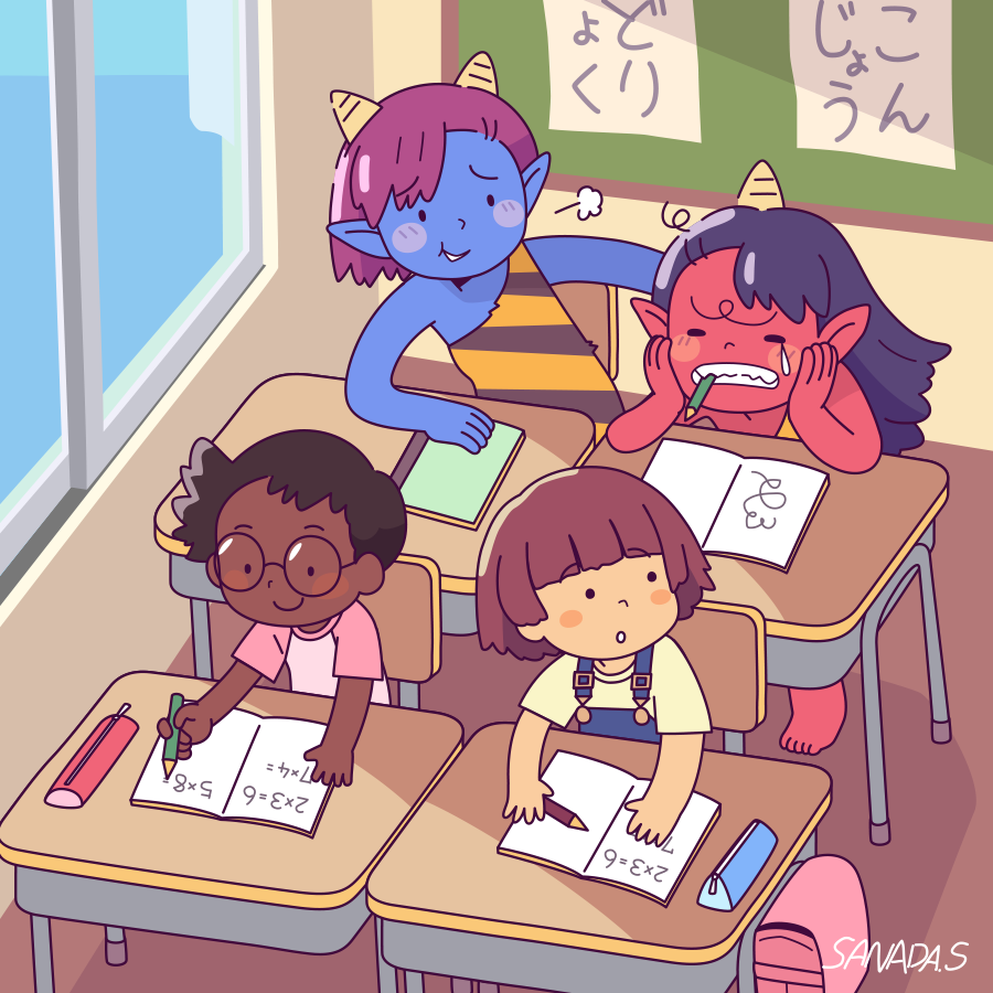 感動3部作。学生に憧れる赤鬼ちゃんと、それにつきあう青鬼ちゃん。過去絵 