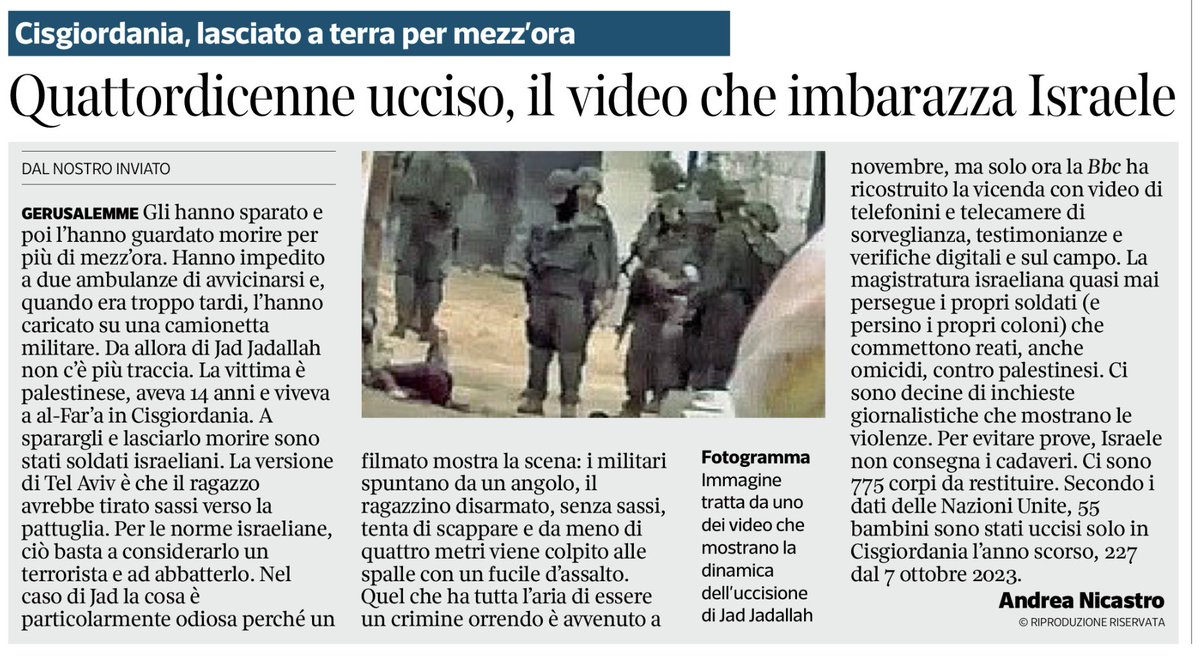 Cisgiordania. Quattordicenne palestinese ucciso dall’esercito di occupazione israeliano.
Dopo avergli sparato, l’hanno poi guardato morire per più di mezz’ora, impedendo a due ambulanze di avvicinarsi
Imbarazzo in Israele per un video che mostra la barbarie dell’esercito