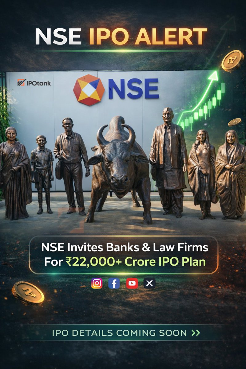 ipotank's tweet photo. NSE IPO Alert 🚀 | ₹22,000+ Crore Mega Offering Coming Soon
Big movement in the Indian stock market! 📈

Web: https://t.co/TKTTFq25xj
The National Stock Exchange (NSE) is preparing for a massive ₹22,000+ crore IPO plan, inviting banks and law firms. 
#NSEIPO #IPOAlert #Stock https://t.co/2dEdN1oi09