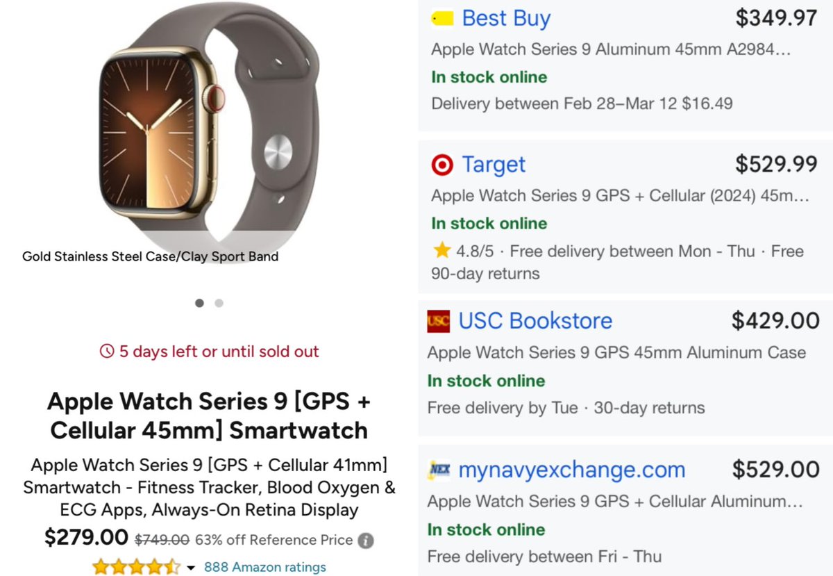 GlitchedDeals's tweet photo. $470 PRICE DROP ON APPLE WATCH SERIES 9

Woot just marked down this smartwatch to $279, originally listed at $750

All other retailers like Best Buy are selling it for $350+

Currently the lowest price online, FREE shipping for Amazon Prime members

https://t.co/Meq9tcebJ0 #ad https://t.co/viBn1Bpp0K