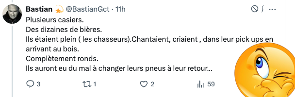 FrancAller_info's tweet image. L'#alcool  à la chasse ?
— Jean-Kevin #vegan : ils ont tous des casiers de bières à la main !
— Moi (tout lire ⤵️) : l'actuelle contravention pour “ivresse manifeste” est insuffisante. Le délit d'alcoolémie proposé par la mission sénatoriale de 2022 est une…
#ChassePartage