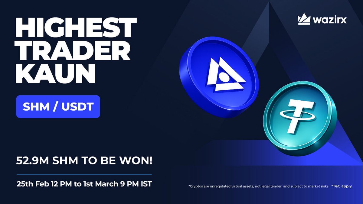 Happy Weekend Frens 🫡

WazirX has launched the Highest Trader Kaun Marathon for SHM / USDT, featuring a 52.9 Million SHM reward pool for the Top 100 participants by trading volume. 

The campaign started on Feb 25 at 6:30 AM UTC, with additional community giveaways also