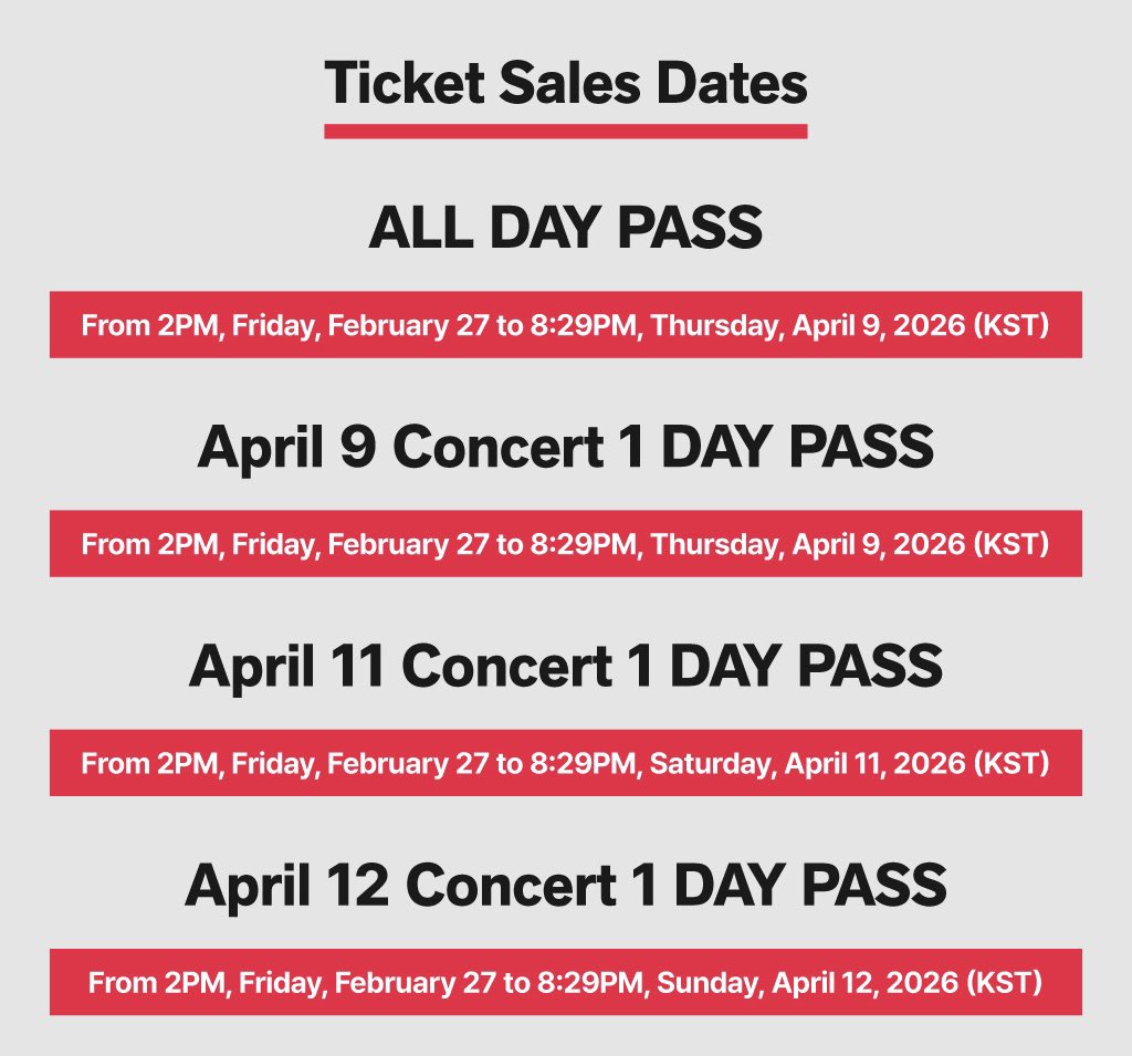 ⏰ ระยะเวลาการจำหน่าย
— All Day Pass (รับชมคอนเสิร์ตวันที่ 9, 11-12 เม.ย.)
※ วันนี้ - พฤหัสบดีที่ 9 เม.ย. 18:29 น.
— 1 Day Pass (รับชมคอนเสิร์ตวันที่ 9 หรือ 11 หรือ 12 เม.ย.)
※ Day 1: วันนี้ - พฤหัสบดีที่ 9 เม.ย. 18:29 น.
※ Day 2: วันนี้ - เสาร์ที่ 11 เม.ย. 18:29 น.
※ Day 3: