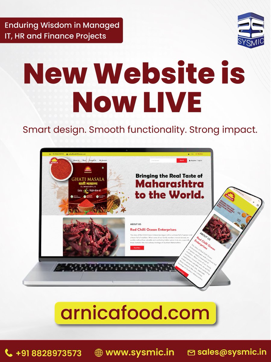 sysmicit's tweet image. 🚀 New website LIVE for Arnica Food!
Designed &amp;amp; developed by SYSMIC.

Let’s build your next success story.

📞 +91 8828973573
🌐 sysmic.in
📩 sales@sysmic.in

#Sysmic #WebsiteLaunch #WebDesign