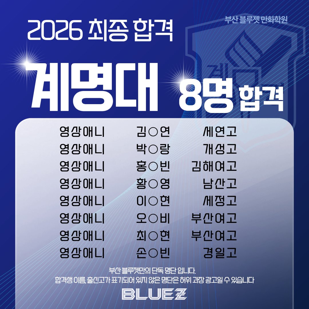 bluez3619995's tweet photo. ✨계명대 8명 최종 합격✨

웹툰, 영상애니메이션 등 다양한 전공에서 8명 합격!
블루젯의 압도적인 실기력과 다전공 공략 시스템을 증명합니다.

#계명대 #계명대미대 #웹툰창작 #미대입시 #블루젯만화학원 https://t.co/n8sG77pnIp