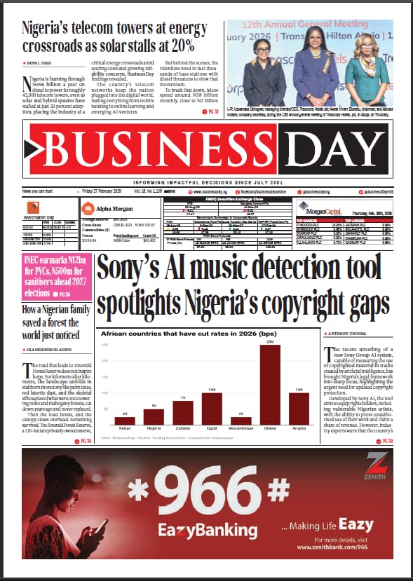 Here are some of our top stories for  the morning that you shouldn’t miss

1. Sony's AI music detection tool spotlights Nigeria's Copyright gaps
businessday.ng/pro/article/so…

2. Nigeria’s telecom towers at energy crossroads as solar stalls at 20%
businessday.ng/pro/article/ni…

3. Health