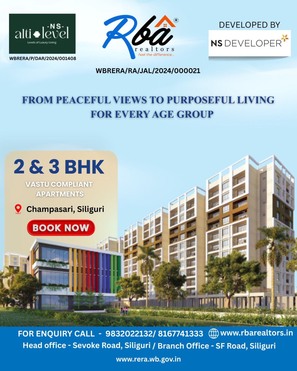 From peaceful views to purposeful living — 2 &amp; 3 BHK Vastu compliant homes at Champasari, Siliguri 🏡✨

Designed for every age group with modern comforts and a vibrant community lifestyle. Your perfect home awaits!

📞 98320 22132 | 81677 41333
🌐 rbarealtors.in