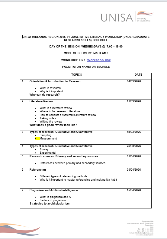 UnisaMidRegion's tweet photo. Invitation to Qualitative Literacy Workshop Schedule.

Days of the Session: Wednesdays @17:00-19:00
Joining link : https://t.co/l3tQnzBMjL
Facilitator’s name: Dr. Sechele https://t.co/eZAUlPovFw