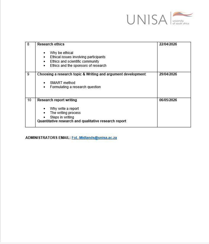 UnisaMidRegion's tweet photo. Invitation to Qualitative Literacy Workshop Schedule.

Days of the Session: Wednesdays @17:00-19:00
Joining link : https://t.co/l3tQnzBMjL
Facilitator’s name: Dr. Sechele https://t.co/eZAUlPovFw