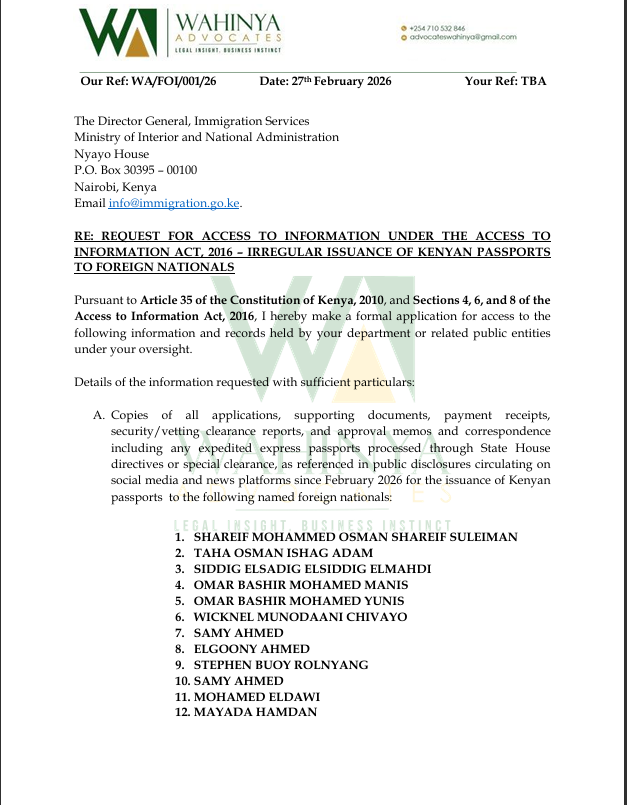 wahinya_peter's tweet photo. I have as of this morning pursuant to Article 35 of the Constitution of Kenya, 2010, and Sections 4, 6, and 8 of the Access to Information Act, 2016 made a formal application for access the info on the issuance of passports by the @ImmigrationDept  the following individuals; https://t.co/P5GvYBkACI