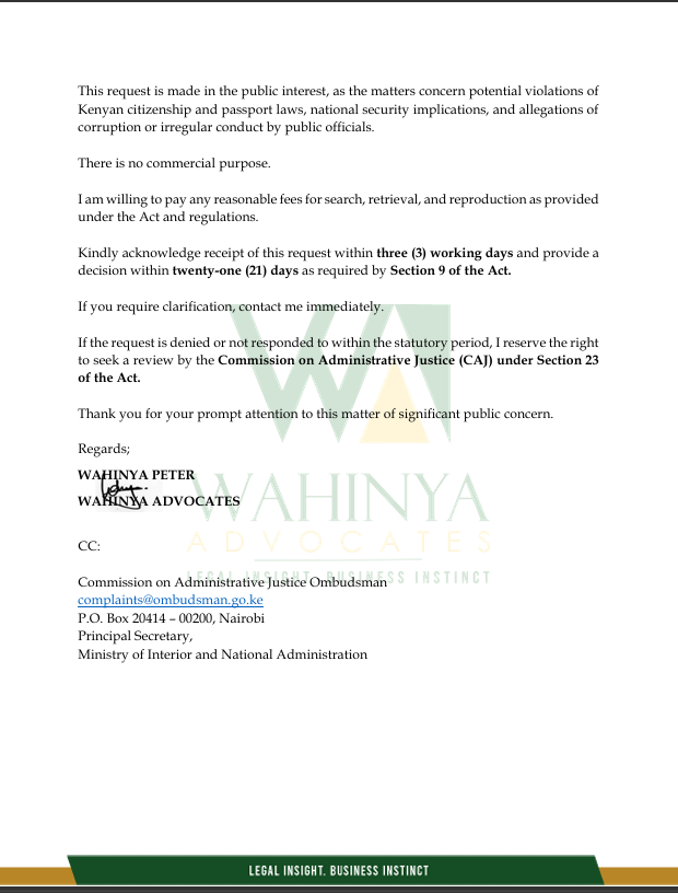 I have as of this morning pursuant to Article 35 of the Constitution of Kenya, 2010, and Sections 4, 6, and 8 of the Access to Information Act, 2016 made a formal application for access the info on the issuance of passports by the <a href="/ImmigrationDept/">Immigration Services | Kenya</a>  the following individuals;