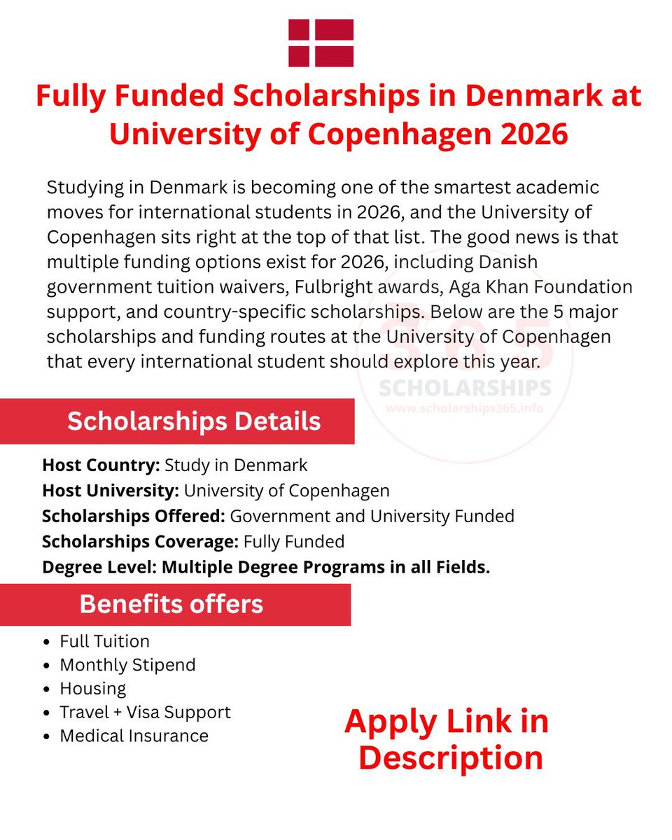 scholarship_365's tweet photo. 5 Fully Funded Scholarships Programs 2026 for World students at University of Copenhagen, Denmark [Government and University Funded]!

Eligibility: World Students

Degree: Multiple Degree Programs [All Programs]

👉Apply Link: https://t.co/NgzbZEdaPZ

Benefits: Fully Funded
1) Travel
2) Tuition
3) Room
4) Stipend
5) Medical

Deadline: Different Deadlines

#denmark_Scholarships #denmark_Scholarship #denmark_scholarships #denmark_scholarship #Scholarships365 @IfeanyiDeclan  @DozzyMoore3  @AfricaCDC  @hecpkofficial  @PantamiFound  @mfaftja  @excellency004  @DangiwaGusau  @YUSUF_OLATUNJI7