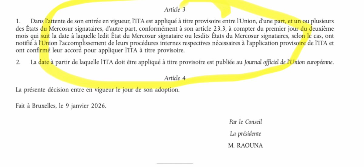 AlexandreJardin's tweet photo. ALERTE NOUVEAU COUP D’ETAT ADMINISTRATIF / LE MERCOSUR EST ENTRE EN VIGUEUR CETTE NUIT MALGRÉ LA DEMANDE DU PARLEMENT EUROPÉEN D’UN AVIS DES JUGES DE LA COUR EUROPÉENNE DE JUSTICE 
Ne reste que 2 mois, le mécanisme juridique officiel - publication au Jo - est lancé, ils se foutent du vote du parlement européen.
Maitre William Azan m’alerte : contre le parlement européen, cette  nuit vient d’être publié au JO européen (()Le texte de lITA est publié au JO L, 2026/184, 27.2.2026, ELl: https://t.co/3WvOJCDN9h. ) le texte officiel de l’Union qui permet l’application rapide de l’accord du Mercosur sans attendre l’avis des juges. Le parlement est roulé dans la farine.

La décision du 9 janvier de l’Union (qui n’était pas accessible et qui vient d’être publiée) était  suspendue - dit le texte -  à la publication au journal officiel de l’UNION qui vient d’avoir lieu aujourd’hui . 
Voici le lien officiel que tout le monde peut désormais consulter : https://t.co/ycs3RHOVSW Il est en anglais, mais vous pouvez télécharger le document en français)
ILS OSENT TOUT. 
1/ FAIRE PASSER EN FRANCE PAR DÉCRET 300 MILLIARDS SANS VOTE DE L’ASSEMBLÉE 
2/ FAIRE PASSER A BRUXELLES LE MERCOSUR MALGRÉ L’OPPOSITION DU PARLEMENT EUROPÉEN

CHAQUE DÉMOCRATE DOIT RÉFLÉCHIR CALMEMENT ET SE DONNER LES MOYENS COLLECTIFS D’ARRÊTER LA LOGIQUE SCÉLÉRATE DES COUPS D’ETAT ADMINISTRATIF. 
POUR RÉTABLIR UN ORDRE DÉMOCRATIQUE EN FRANCE ET EN EUROPE - ce qui supposera une remise à plat radicale de l’Union si elle veut survivre à la vague démocratique qui monte. 

D’autres textes viennent à l’instant d’être publiés pour compliquer tous les recours : nous avons affaire à un ordre administratif retors.

￼

￼

￼

￼