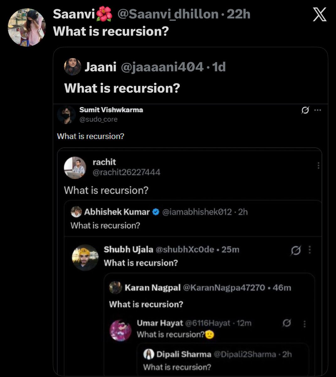Harjotse's tweet photo. What is recursion? https://t.co/FOzOvJgQWm