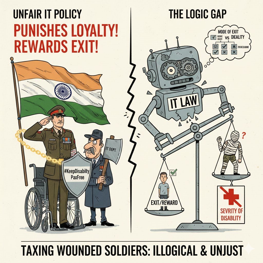 सेना का Income Tax नीति घायल सैनिकों को दंडित करती है जो निष्ठा से सेवा जारी रखते हैं। "रुकने" को टैक्स कर निष्ठा का अपमान! निकास मोड आधारित IT तर्कहीन है—अमान्यता विकलांगता का सही पैमाना नहीं।

#KeepDisabilityPensionTaxFree