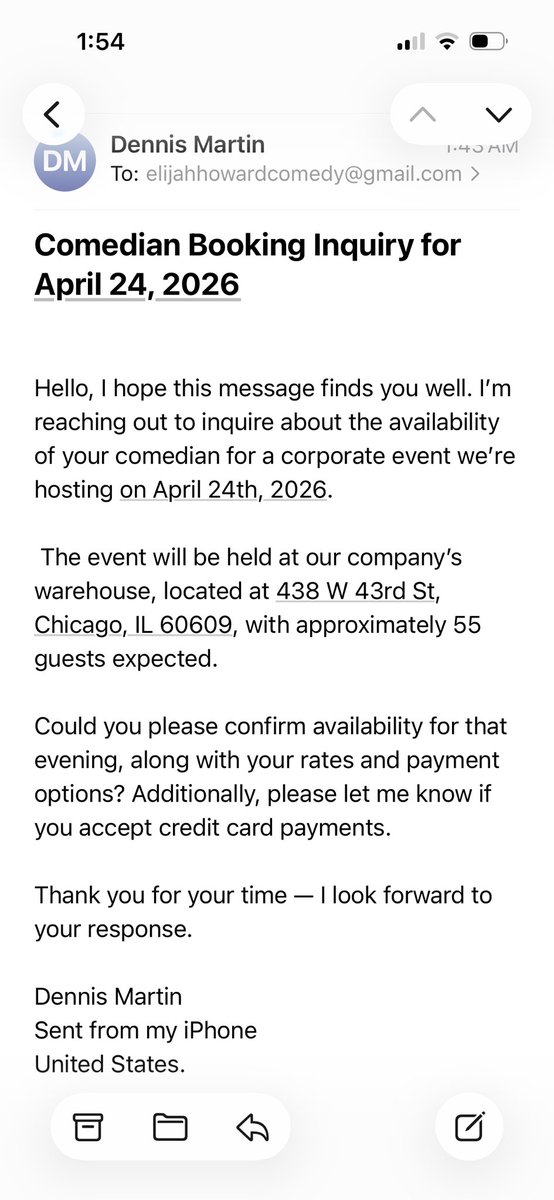 I do not think this is a real booking request but I’m flattered!