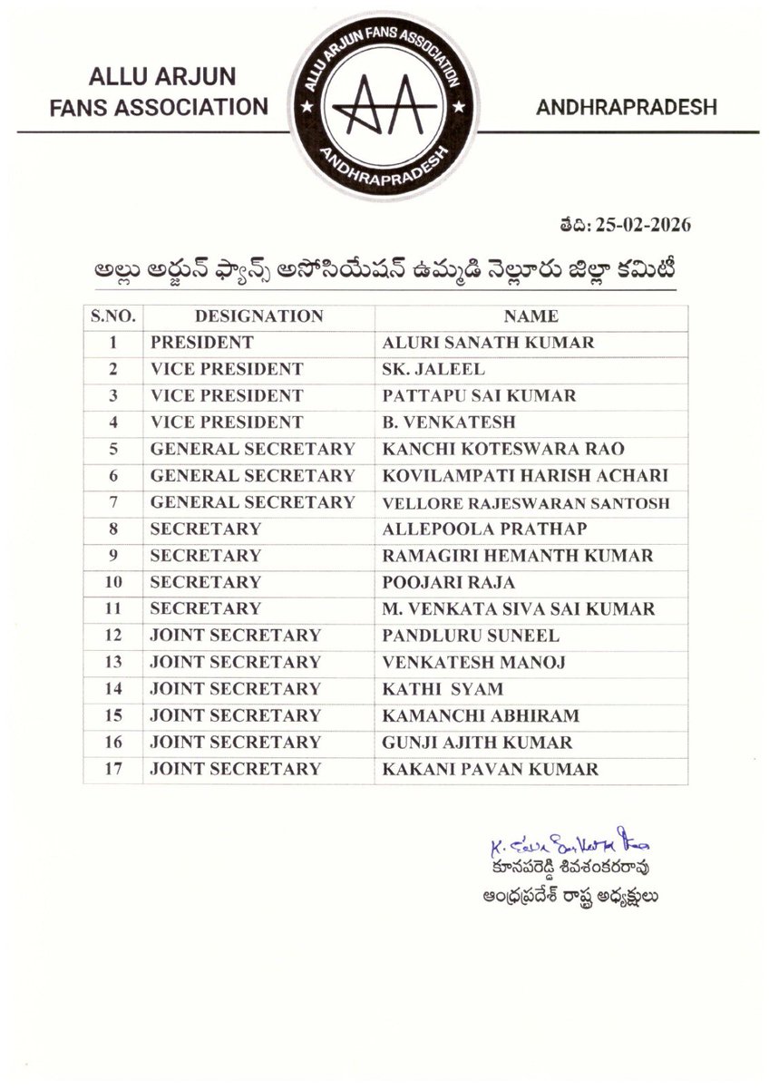 Allu Arjun Fans Association – Nellore District Committee.

Hearty congratulations to all the committee members. Wishing you great success in your responsibilities and service.

#AAFA #AlluArjun
