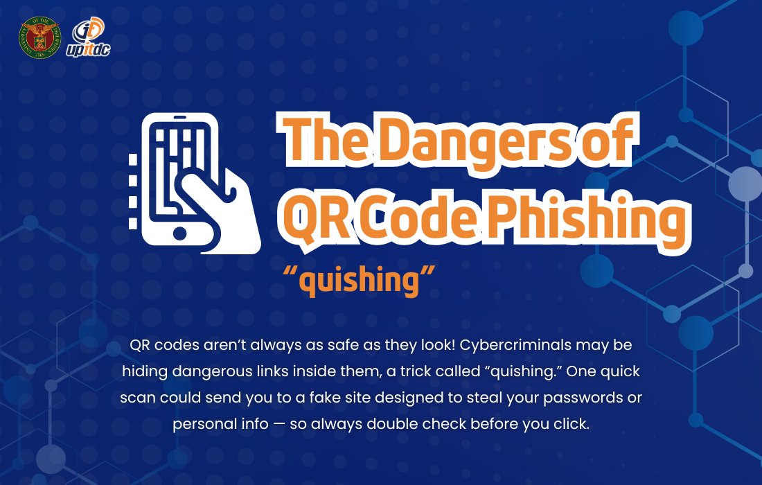 UPITDC's tweet photo. ⚠️ 𝐓𝐡𝐞 𝐃𝐚𝐧𝐠𝐞𝐫𝐬 𝐨𝐟 𝐐𝐑 𝐂𝐨𝐝𝐞 𝐏𝐡𝐢𝐬𝐡𝐢𝐧𝐠  
QR codes aren’t always as safe as they look! Cybercriminals may be hiding dangerous links inside them, a trick called “quishing” — so always double check before you click. 

Read more at: 
https://t.co/KObfm7tbLC https://t.co/oYiWuDSVbr