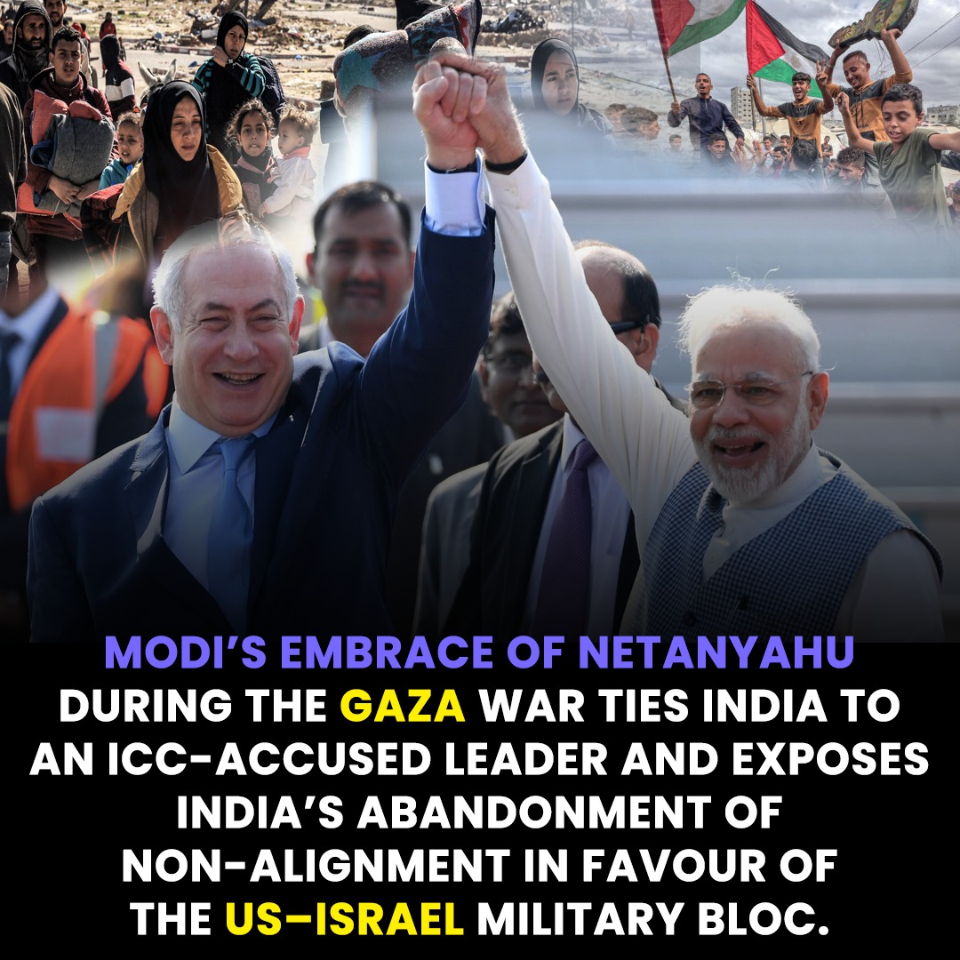 aghaalirehman's tweet image. Modi &amp;amp; Netanyahu handshake amid Gaza devastation—India now openly backs an ICC-accused war criminal. Non-alignment buried for US-Israel military bloc. Butcher of Gaza meets Butcher of Kashmir. Two sides of the same coin. #ModiNetanyahu #GazaGenocide #Kashmir