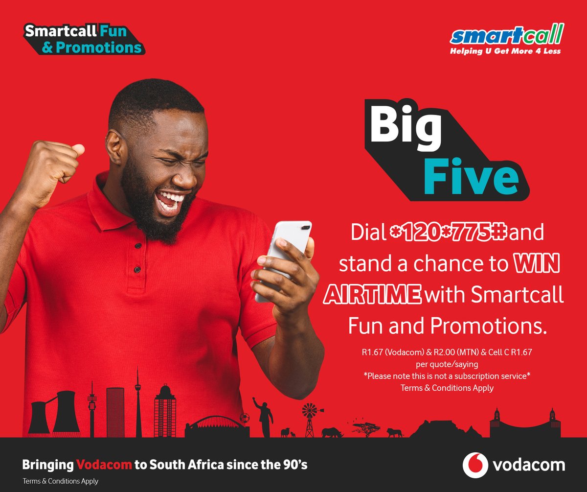 SmartcallVSP2's tweet photo. Win upto R1000 Airtime!
Play Big Five and stand a chance to win! Dial 120*775# now to play.
#BigFiveGame #WinWithSmartcall #AirtimeGiveaway https://t.co/e41lU2oXtp