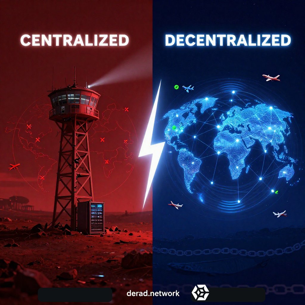 Two planes take off. Same sky. Completely different systems watching them. 👇

❌ The OLD way:
One corporation owns the tower.
One server holds the data.
Rural airspace? Good luck.
A drone fleet near your city? Flying blind.
Data breach, outage, or shutdown — and suddenly, nobody