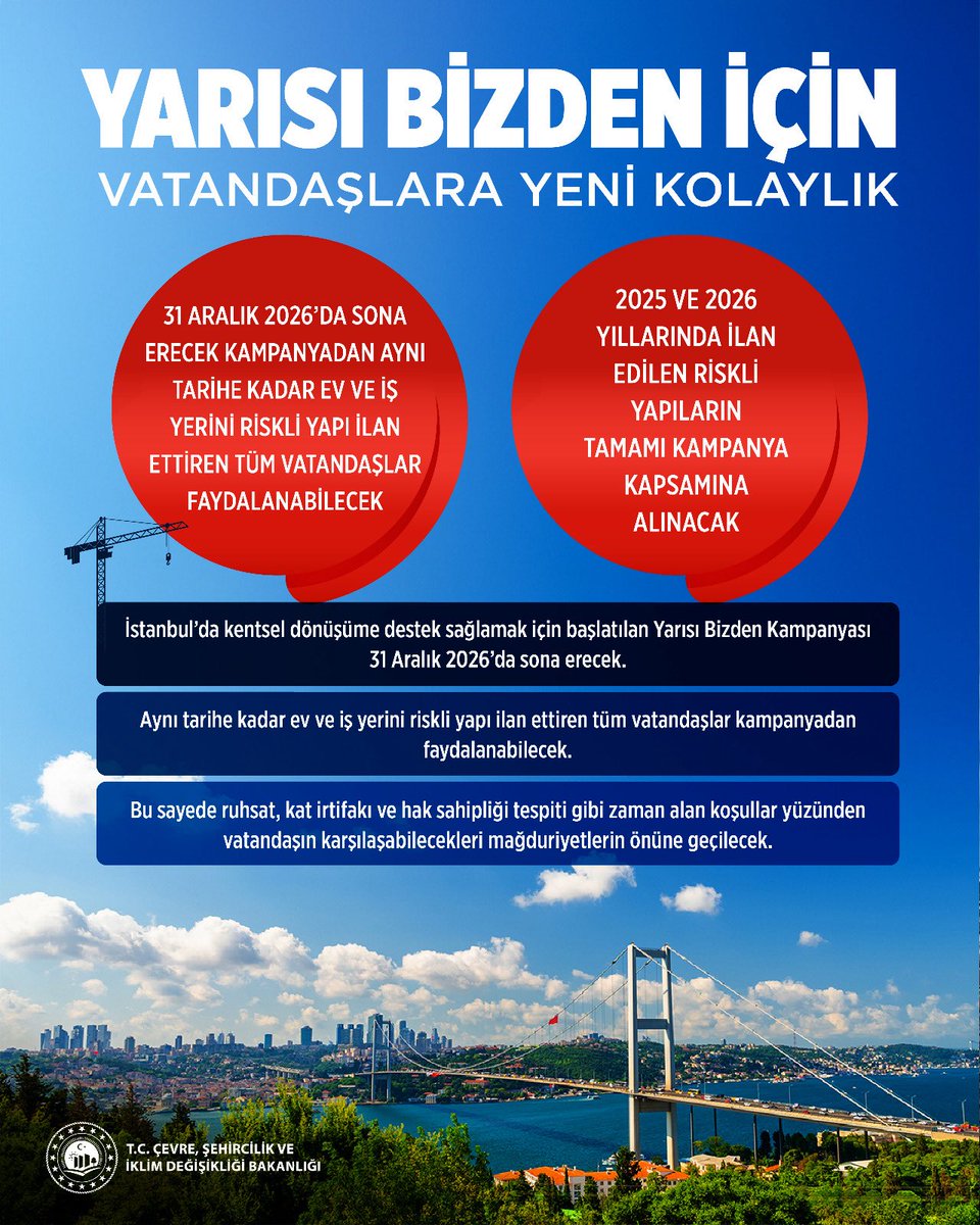 murat_kurum's tweet photo. #YarısıBizden kampanyamızla ilgili İstanbulluların uzun süredir beklediği bir adımı hayata geçirdik.

Hazırladığımız genelge Resmi Gazete’de yayımlandı. Buna göre; 31 Aralık’a kadar ev ve iş yerini riskli yapı ilan ettiren tüm vatandaşlarımız kampanyadan faydalanabilecek. 2025 ve 2026 yılında riskli ilan edilen yapıların tamamı kampanya kapsamına alınacak.