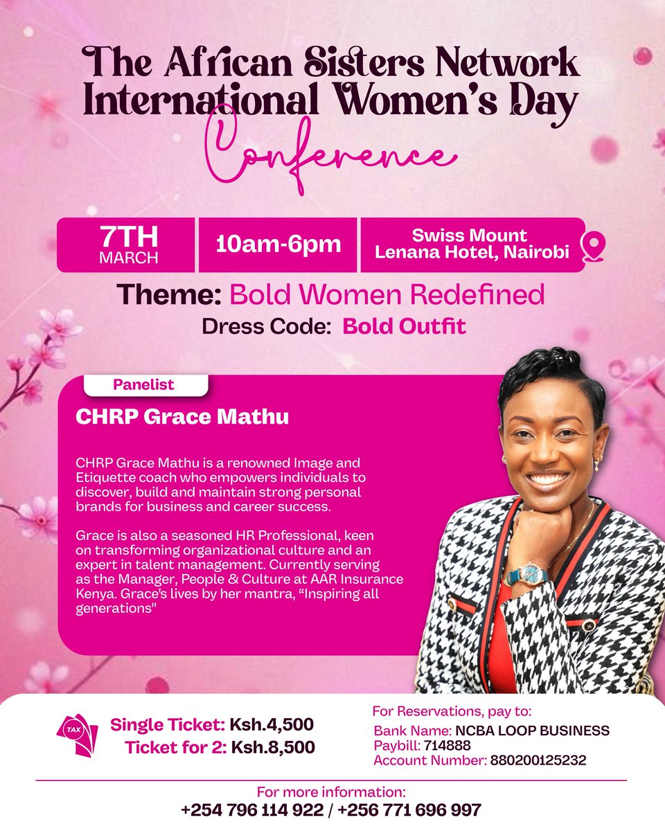 How you show up matters.💕

On 7th March, <a href="/mathu_grace/">Grace Mathu</a> joins us.

If you have ever wondered
Am I positioning myself correctly?
Does my presence match my ambition?

This session is for you.

Payment Details;
NCBA LOOP BUSINESS
Paybill: 714888
Account: 880200125232