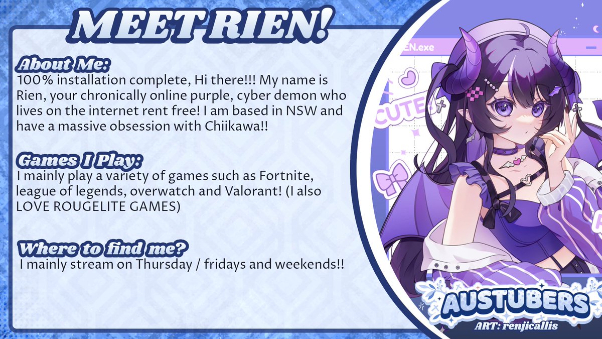 AusTubers's tweet photo. 🩵 This week's AusTuber of the week is @rien_vt ! 🩵
She'll hack her way into your heart before you know what happened!
Find them here: https://t.co/ZCoMDkzlg9 https://t.co/nbiHNWJm3R