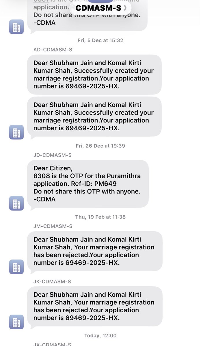 blame4's tweet photo. @naralokesh @MCNellore4U 
Applied for marriage certificate on 5/12/2025
In 3 months no update or no call from any official
And now I get a message that the request is rejected I don’t understand why? 
When visited sachivalayam &amp; NMC Offce
They said we can’t do anything 
Pls help https://t.co/H8muiwgYZD