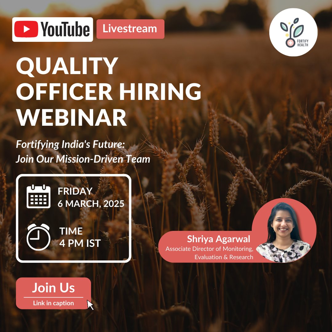 📢 Interested in joining Fortify Health as a Senior Quality Officer or Quality Officer?

Join our live webinar on 6 March at 4 PM IST with Shriya, Associate Director – Research, Monitoring &amp; Evaluation. 

Register here: forms.gle/u2xRHcdymdWqMD…

#FortifyHealth #Hiring