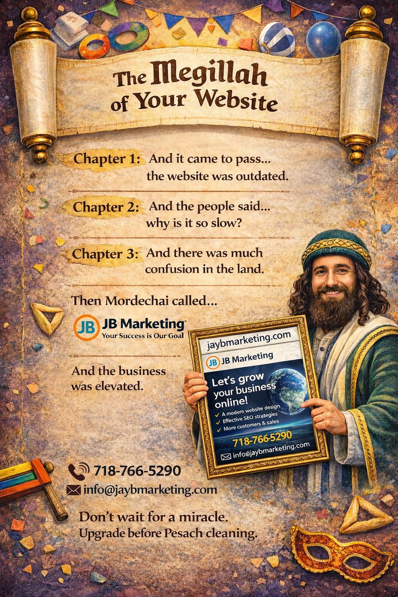 JBMarketinginc's tweet photo. 📜 And it came to pass…
the website was outdated.

This Purim, don’t wait for a miracle.
Upgrade your website before Pesach cleaning 🧼

Modern design.
Better SEO.
More customers.

📞 718-766-5290
🌐 https://t.co/Oax2ZynXYd https://t.co/ckGDBH02pr