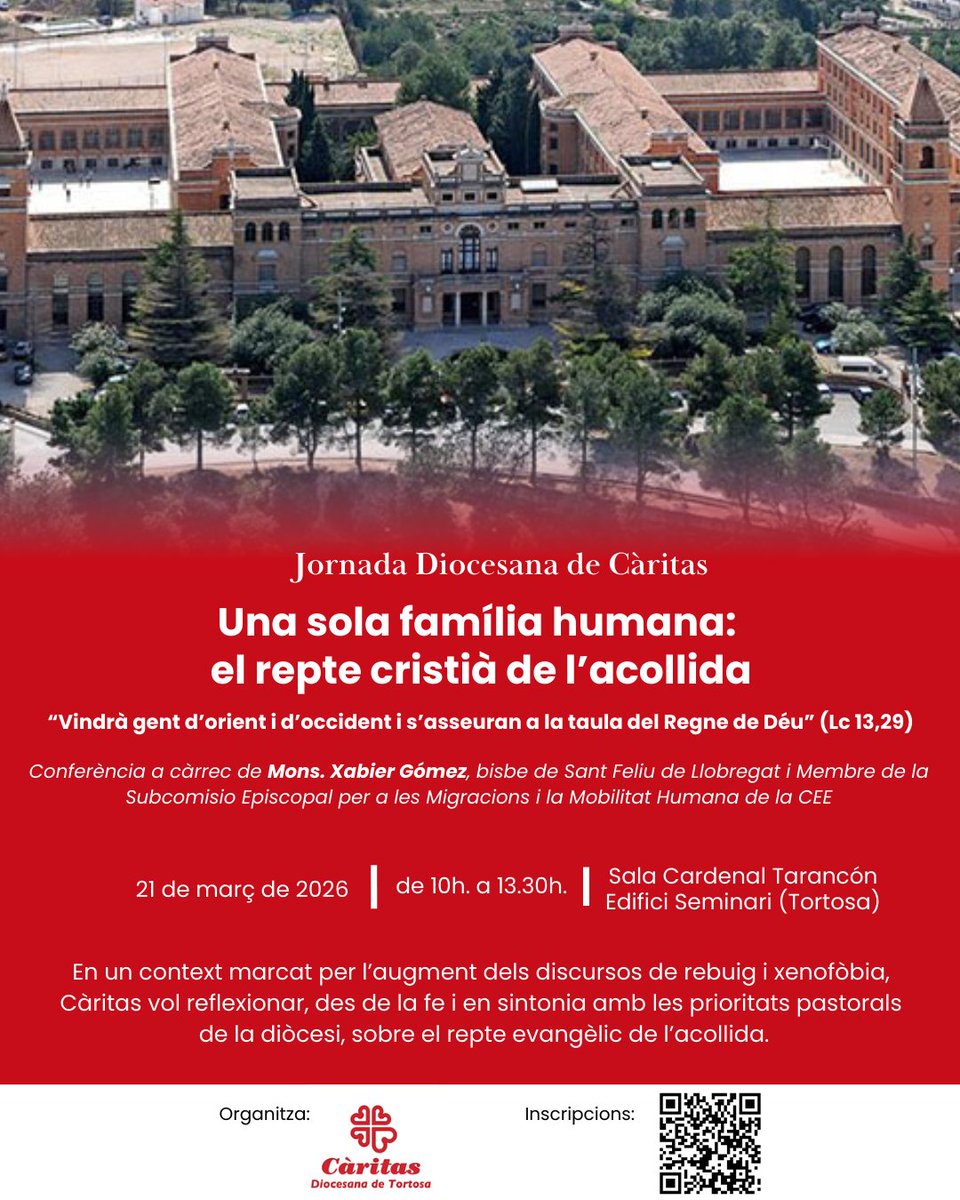 📅 Reserveu-vos la data!
La Jornada Diocesana de Càritas ja té dia i lema. 

🎙️ Conferència de Mons. Xabier Gómez.

🤍 Una trobada per escoltar, pregar i renovar el nostre compromís amb les persones més vulnerables.

📎 Inscripcions: cutt.ly/WtW54R5E