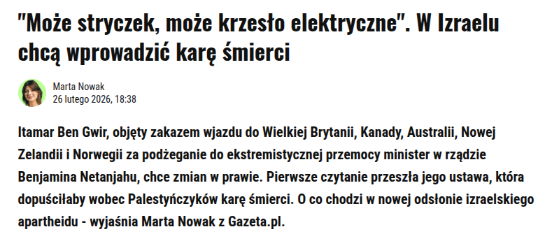 W Izraelu na całego. Kara śmierci, ale tylko dla Palestyńczyków...
