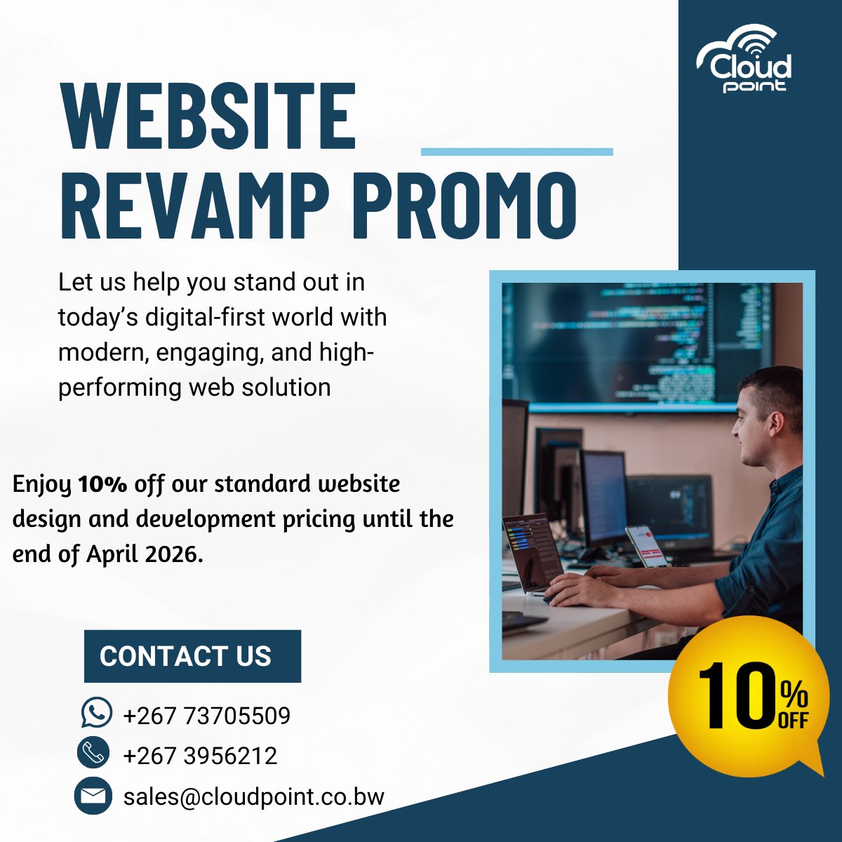 Give your business the digital glow-up it deserves!
Your website is your storefront in today’s digital-first world. Make sure it stands out.
Enjoy 10% OFF our standard website design &amp; development services until April 30, 2026.
#WebsiteRevamp #CloudPoint #WebsiteDesign #WebDesign
