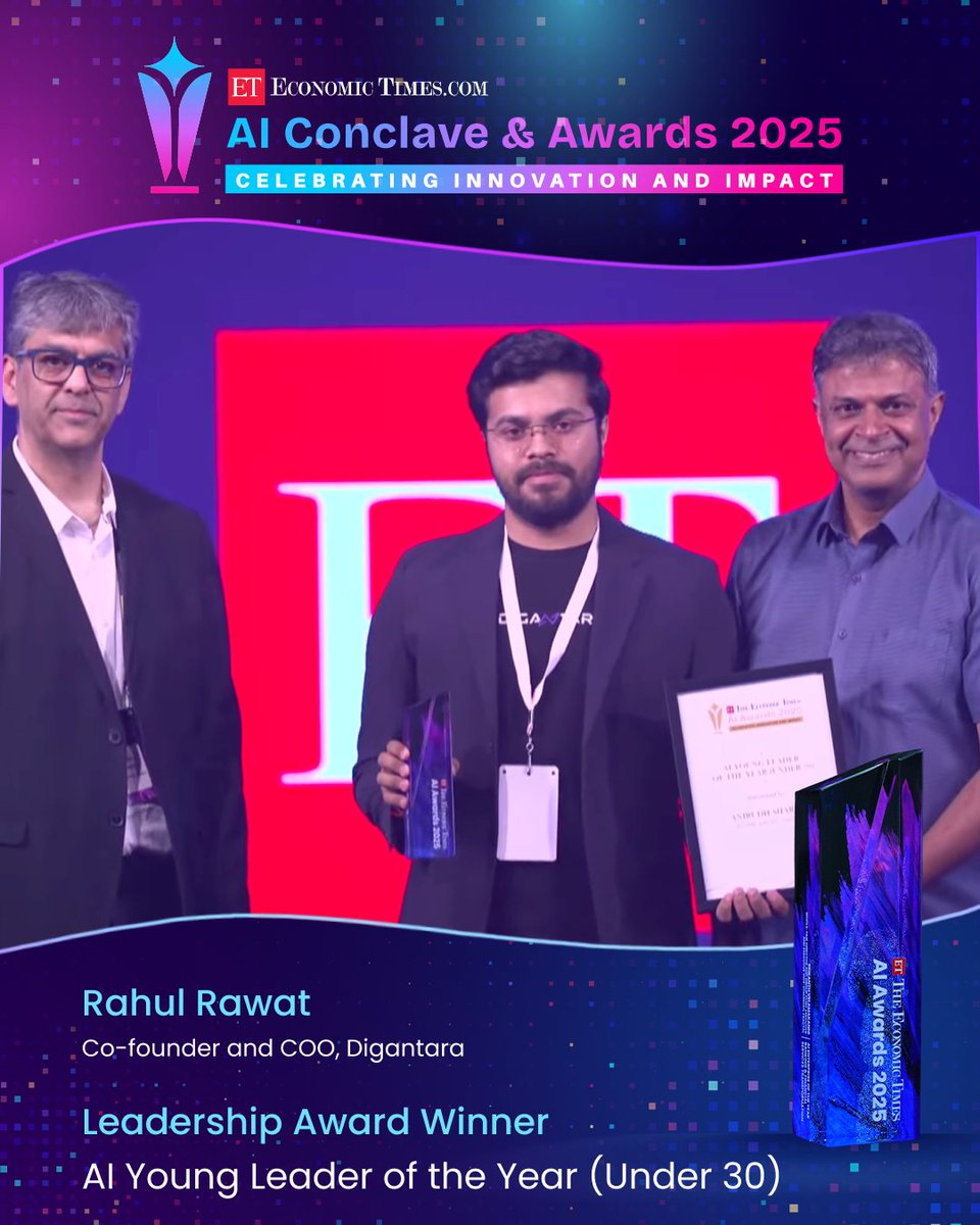 EconomicTimes's tweet photo. Meet the leader building India’s AI future. From sovereign AI to AI solving for India. AI Young Leader of the Year (Under 30): Rahul Rawat, Co-founder and COO, Digantara. Only at the first-ever #ETAIAwards25!

 #RahulRawat | @Digantarahq 

@LnTFinance | @Snowflake | @THubHyd | @BYDCompany | @EY_India | @Zoho | @VAHDAM_India | @vaareehome | @natchsnacks | @andamenlife