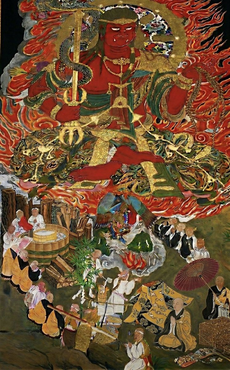 四国札所へ寄進した「不動明王図」の意匠。
縦2m、幅90cmの大型作品。
燃え盛る迦楼羅炎と、静かに執り行われる護摩供の対比。
信仰の真髄を極彩色で表現した、寄進時の構想をここに。
寺院の静寂の中で、今もなお人々の願いを受け止めております。　#不動明王