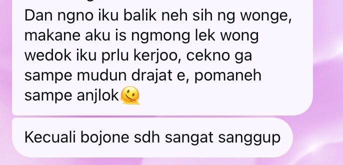 Untungnya sdh dipisahkan oleh semesta dgn sendirinya tanpa aku cut off.
Mindset nya emg beda dari dulu.
Semakin kesini semakin kentara.

Disini seolah IRT itu kasian bgt.
Tapi sorry bgt, aku gak merasa down grade tuh meskipun skrg jd IRT.
Semua itu tergantung suami mbyaak 🤪