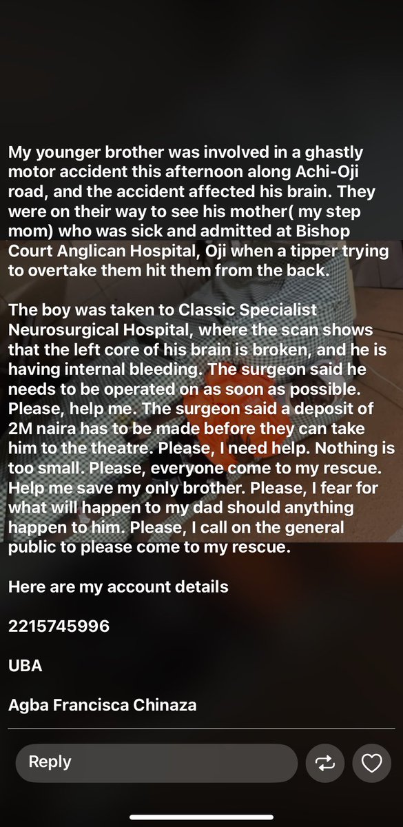Good morning everyone,

Please we need urgent help🤲🤲

My colleague’s little brother was hit by a tipper yesterday in akwa pls help us.
 A token will go a long way biko🤲🤲

You can also go to the mentioned hospital to verify.
 <a href="/nosafk/">Tweeter_Headmaster 🇮🇹🇳🇬⚫⚪</a> <a href="/aproko_doctor/">Dr. Chinonso Egemba</a> <a href="/Wizarab10/">Sir Dickson</a>