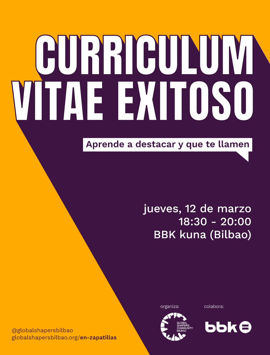¿Quieres mejorar tu CV para destacar y que te llamen?

Hemos organizado esta sesión de 'en zapatillas' con profesionales de RRHH que nos darán las claves que marcarán la diferencia

📆 Jueves, 12 de marzo
🕑 18:30 horas
📍BBK kuna (Bilbao)
🎟️ Reserva plaza cvenzapatillas.eventbrite.es
