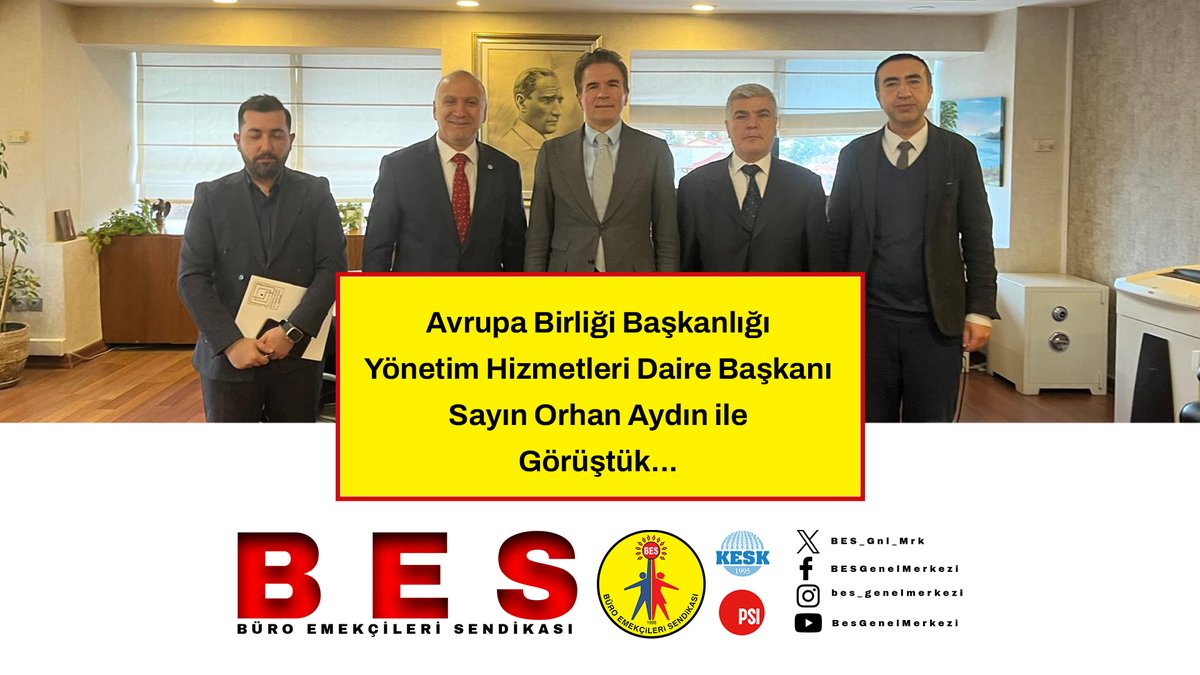 📢 Avrupa Birliği Başkanlığı emekçilerinin taleplerini Yönetim Hizmetleri Daire Başkanı Sayın Orhan Aydın’a ilettik.

📌 Genel Sekreterimiz Sedat Suna, Genel Mali Sekreterimiz İsmet Temel, Ankara 1 Nolu Şube Yöneticimiz Özgür Uçar, Avrupa Birliği Başkanlığı’na bir ziyaret