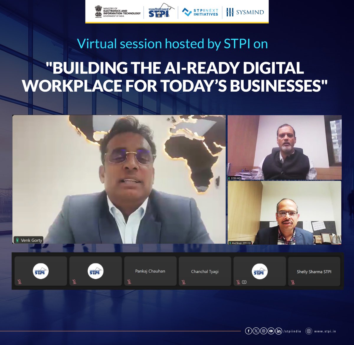 stpiindia's tweet image. Highlights of an insightful virtual session hosted by STPI on "Building the AI-Ready Digital Workplace for Today’s Businesses”, led by industry expert and founder of @SysMind_LLC and @Melp_App, Shri Venk Gorty. 📸

#AIWorkplace #STPIStartups #StartupEcosystem #DigitalIndia