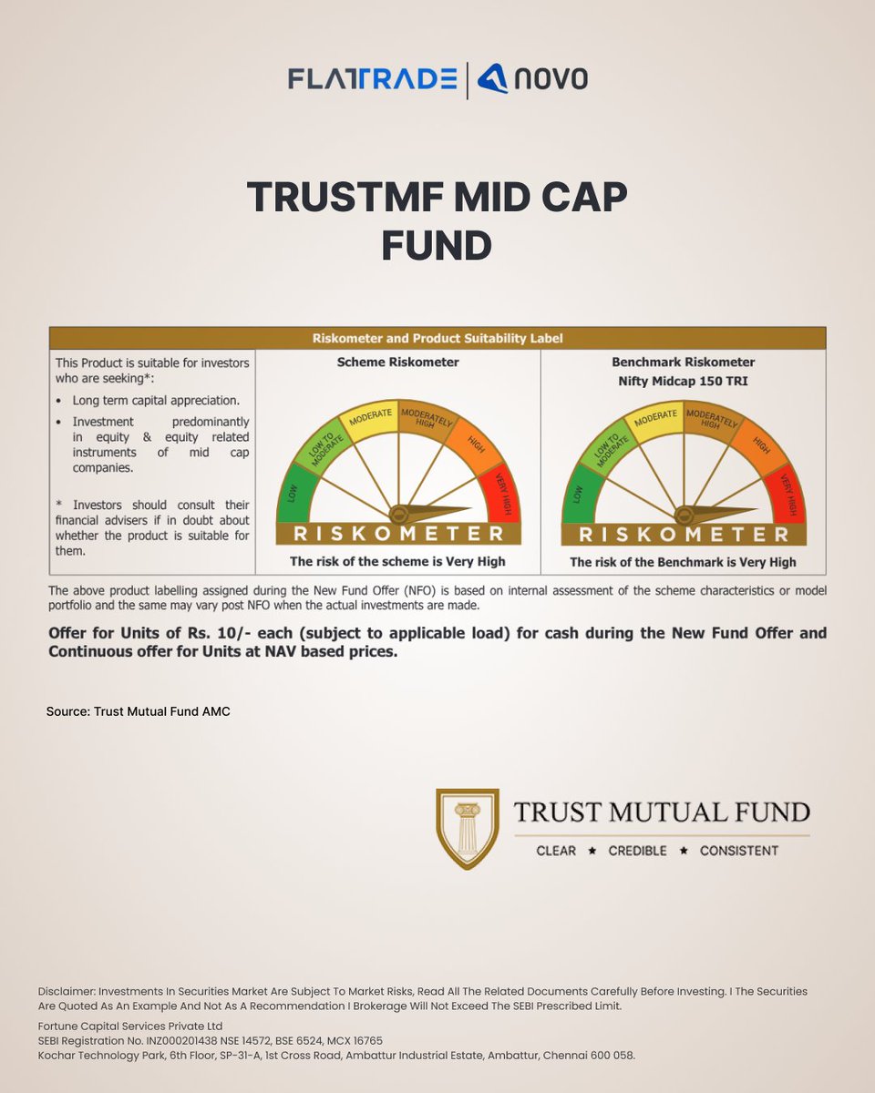 Flattradein's tweet image. TrustMF Mid Cap Fund seeks long-term capital appreciation by investing predominantly in equity and equity-related instruments of mid-cap companies.
📅 NFO open from 27 Feb - 13 Mar 2026.

Apply via: onelink.to/449wqx 

#TrustMF #midcapfund #Equity #NFO #novo #flattrade