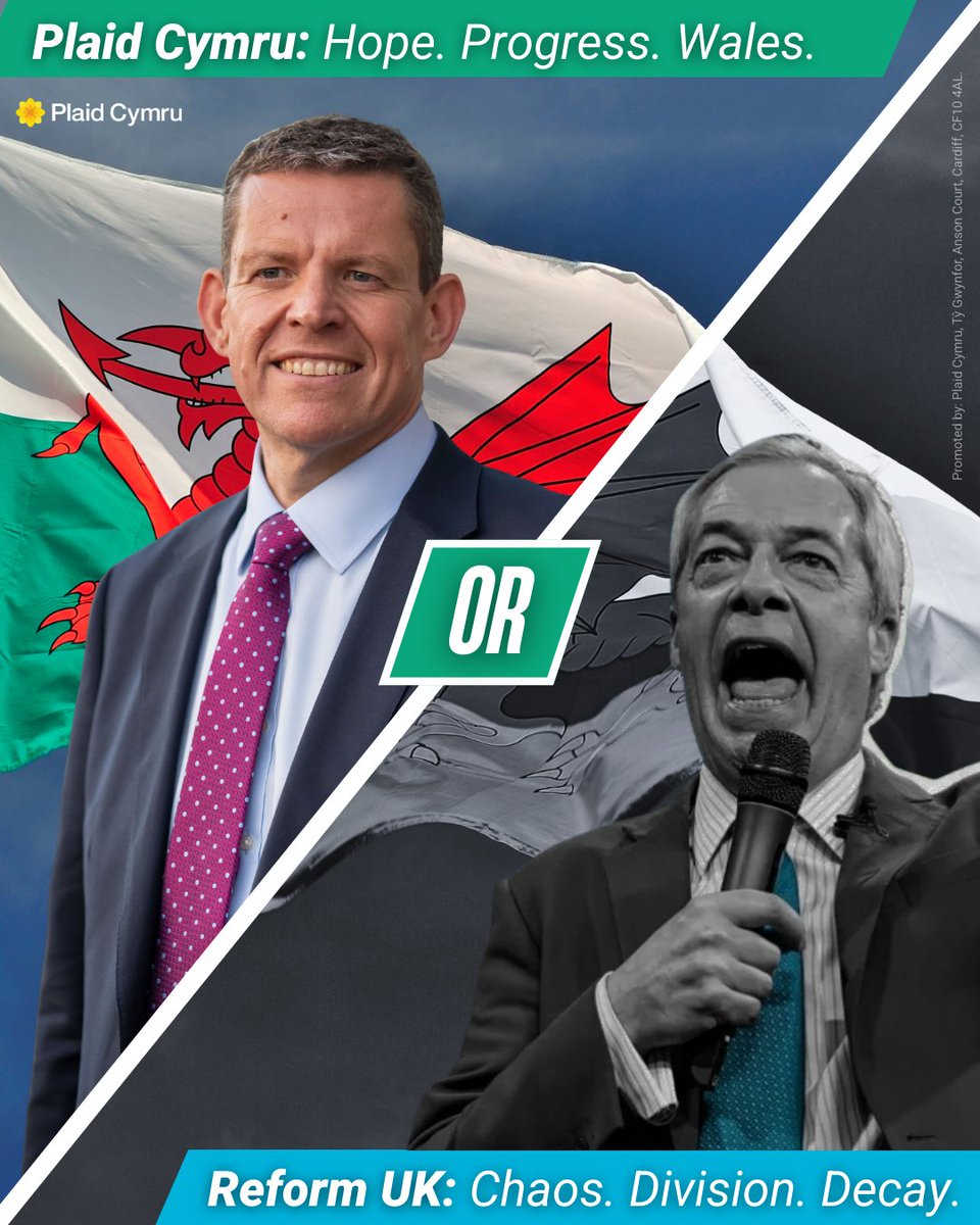 A hopeful vision with Plaid Cymru - or the chaos that Reform's ex-Tories would bring?

That's the straight choice we face in Wales.

Choose a government that will stand up for Wales and build a better future - vote Plaid Cymru on 7 May 🏴󠁧󠁢󠁷󠁬󠁳󠁿