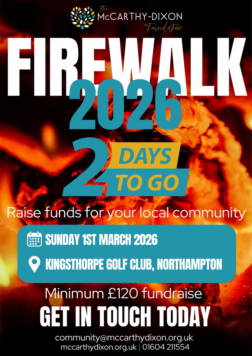 TMDFoundation's tweet image. 🔥 2 Days to Go! 🔥

Just two days until our Firewalk this Sunday 1st March 👣🔥
The excitement is building and we’re so proud of everyone taking on this powerful challenge 💛

#Firewalk #TMDF #2DaysToGo #ChallengeEvent
